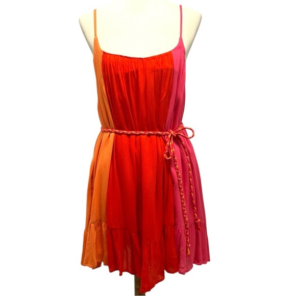 Vici Dresses & Skirts - Vici Colorblock Orange & Pink Belted Swing Tent Mini Resortwear Vacation Dress S